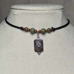 Bee Charm Ceramic Beaded Blue Green Stainless Silver Boho Hippie Choker Necklace